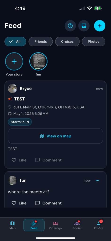 Convoi feed with posts, filters, and create button